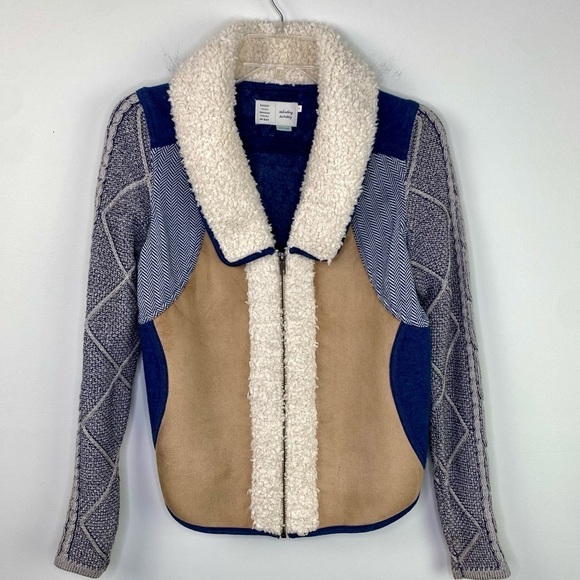 Anthropologie Saturday Sunday Sherpa knit faux suede sweater zip jacket size XS - Picture 6 of 10